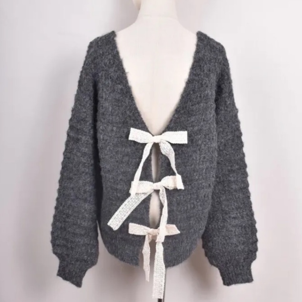 FROM PARIS FRANCE 🇫🇷 Gray Open-Back Sweater with Bows